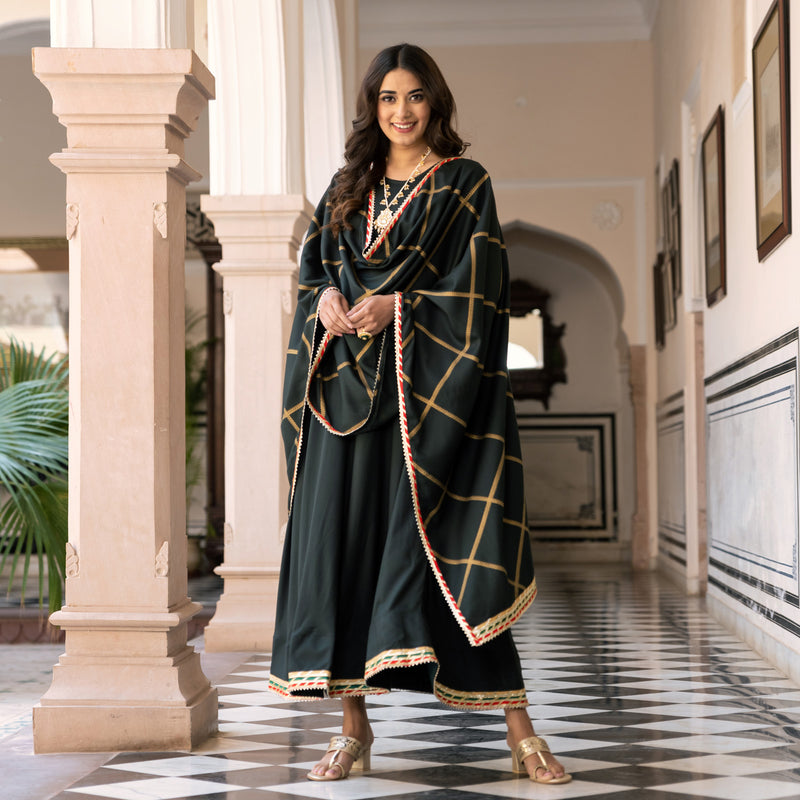 Buy Emerald Green Long Kurta Dress with Gota Detailed Dupatta
