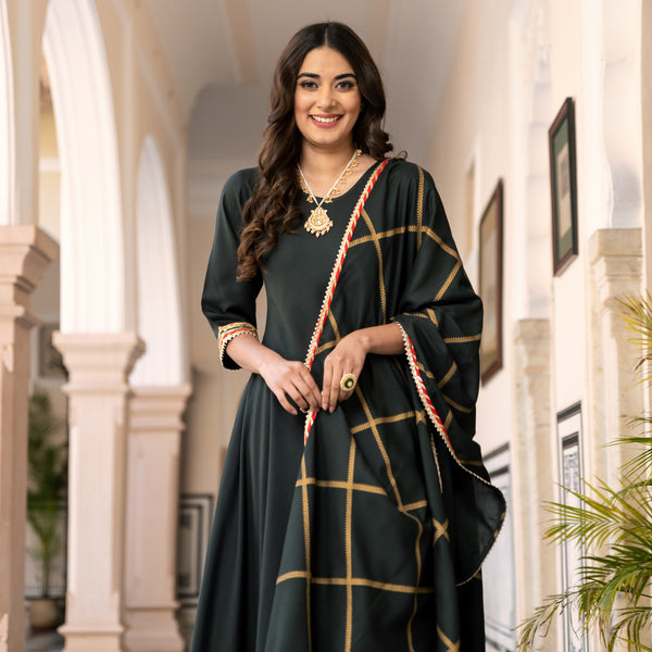 Emerald Green Long Kurta Dress with Gota Detailed Dupatta