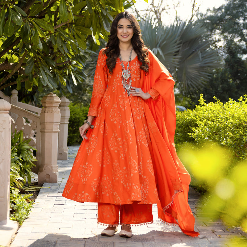 Orange color rayon embroidered kurti pant set with dupatta Anthem04.