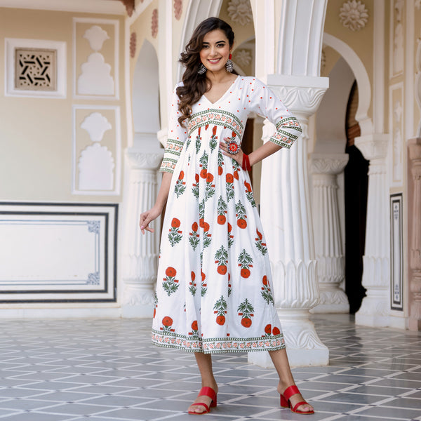 White V Neck Dress with Buta & Polka Prints