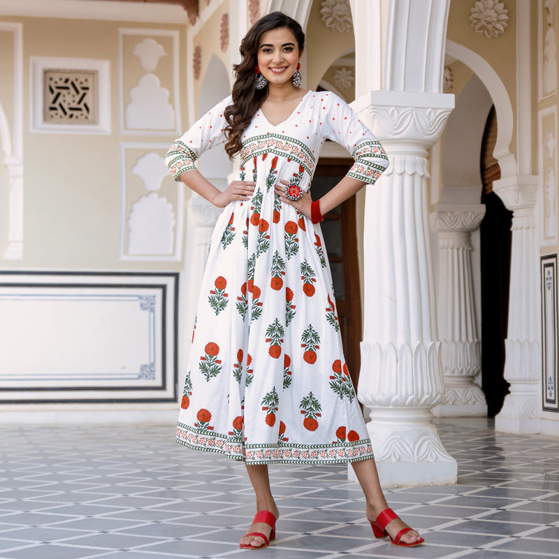 Buy White V Neck Alia Cut Dress with Buta & Polka Prints