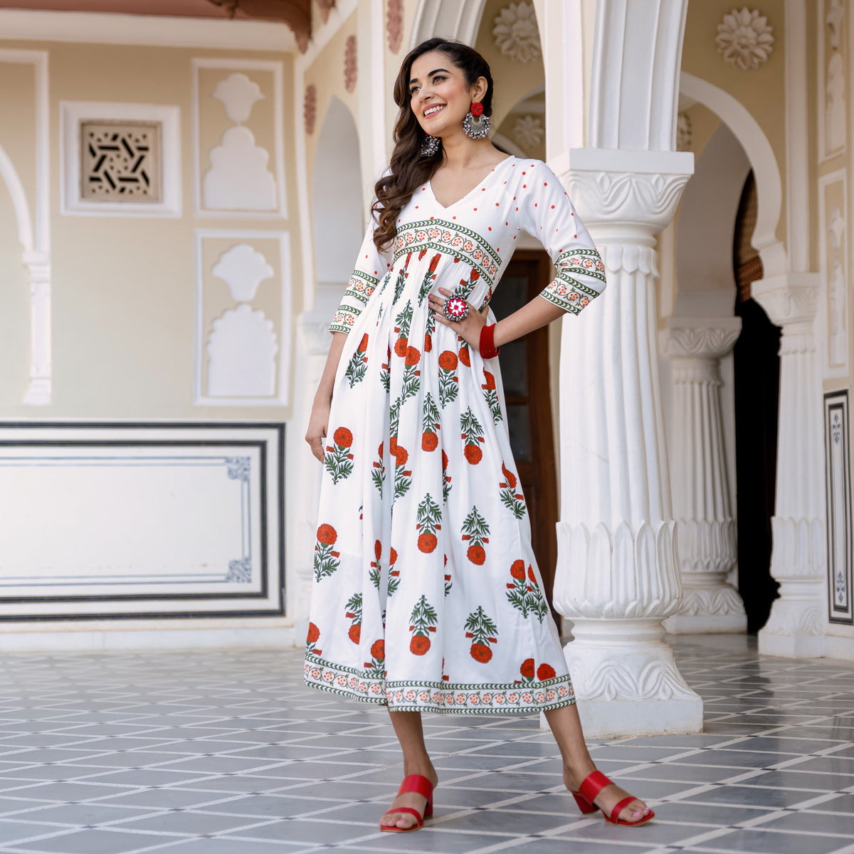 White V Neck Alia Cut Dress with Buta & Polka Prints