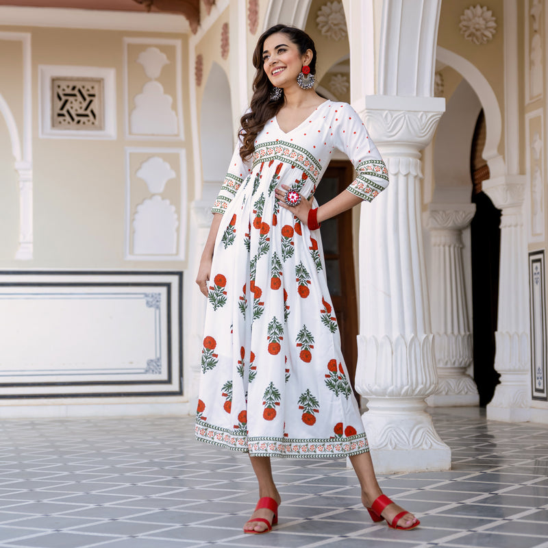 White V Neck Dress with Buta & Polka Prints