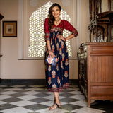 Blue & Maroon V Neck Alia Cut Dress with Gold Buta & Polka Prints