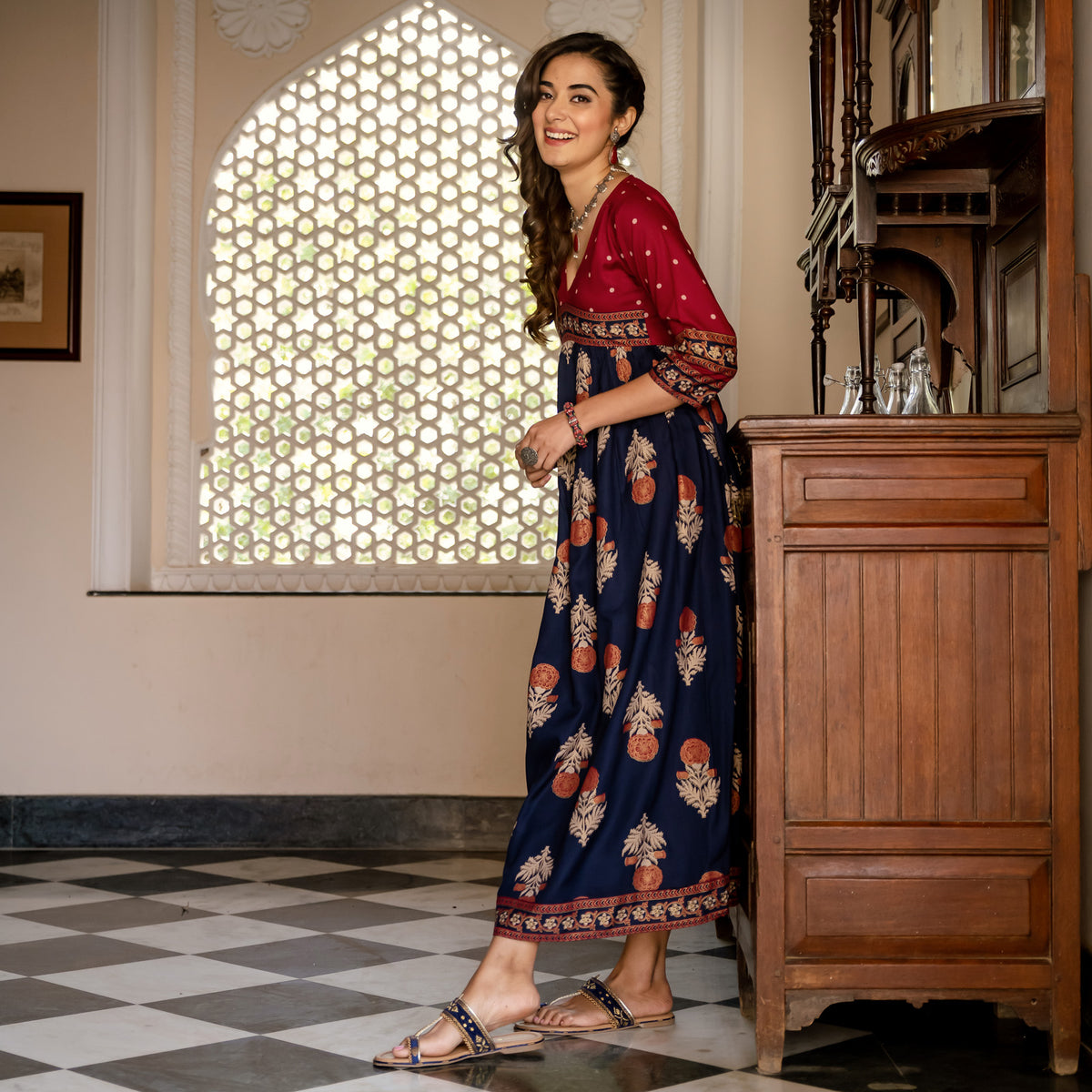 Blue & Maroon V Neck Alia Cut Dress with Gold Buta & Polka Prints