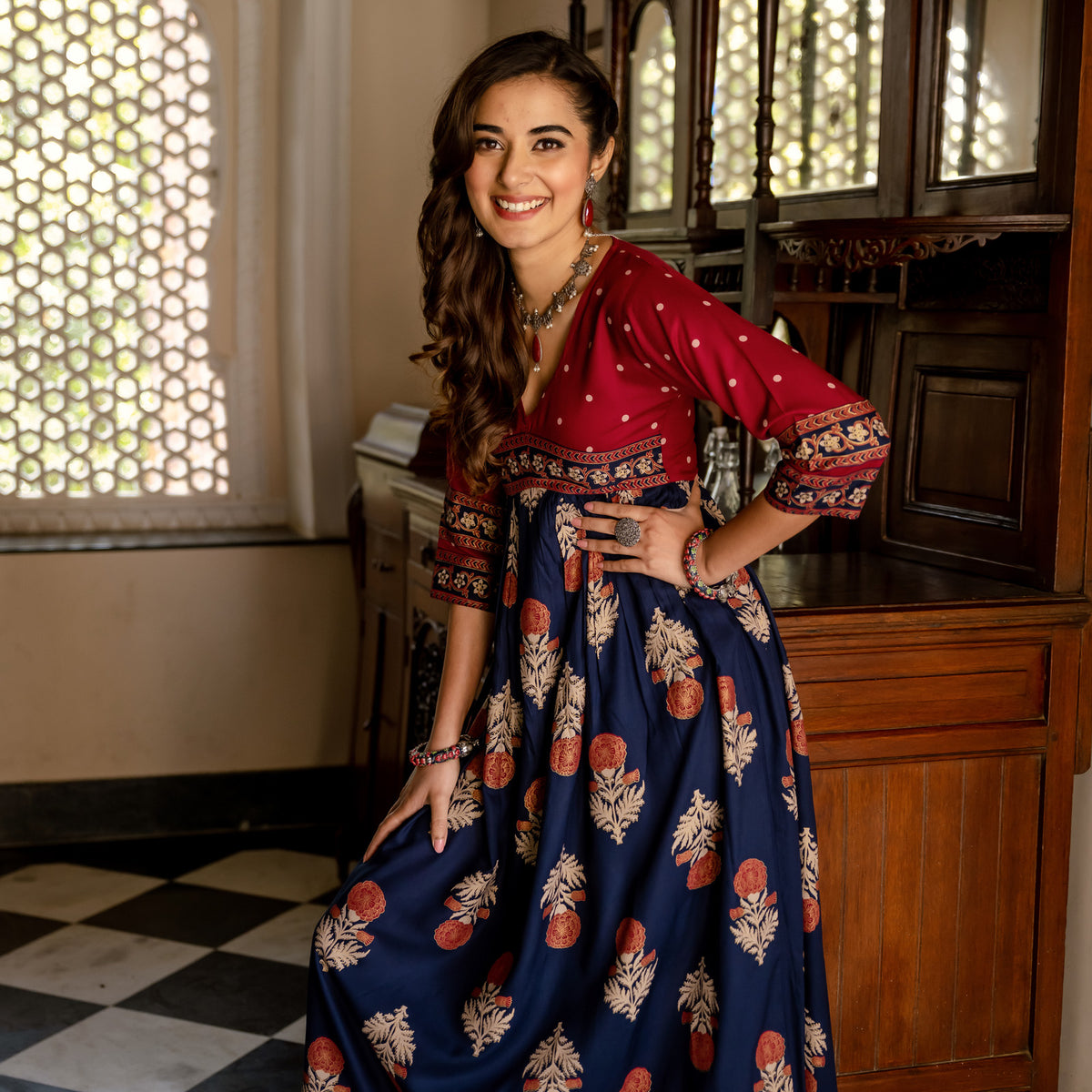Blue & Maroon V Neck Alia Cut Dress with Gold Buta & Polka Prints