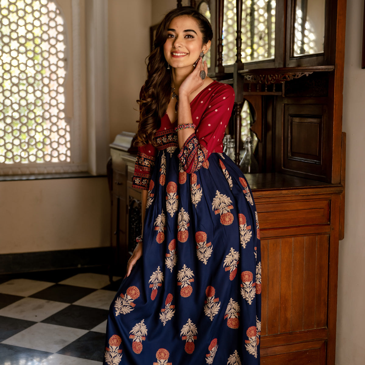 Blue & Maroon V Neck Alia Cut Dress with Gold Buta & Polka Prints