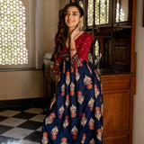 Blue & Maroon V Neck Alia Cut Dress with Gold Buta & Polka Prints