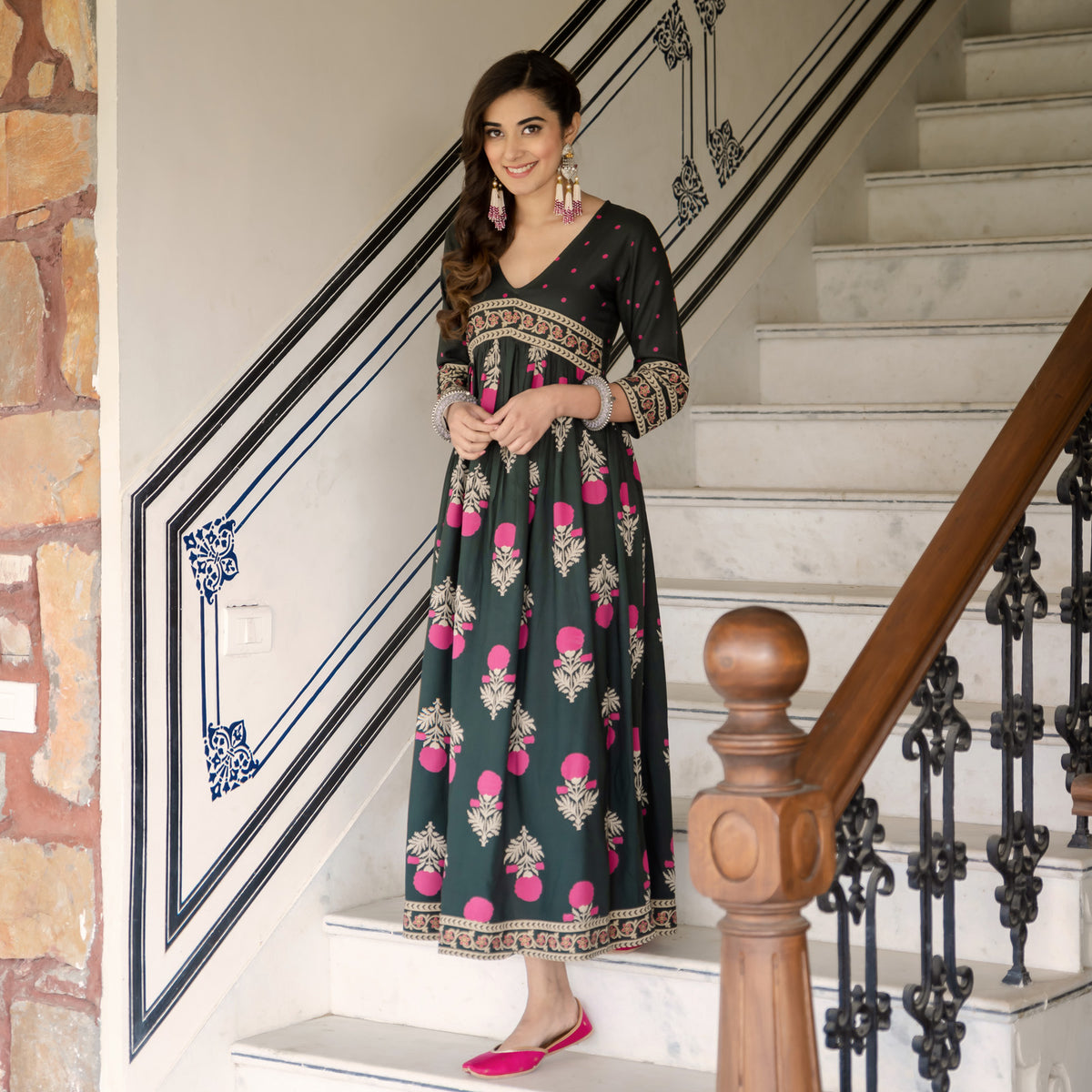 Emerald Green V Neck Alia Cut Dress with Buta & Polka Prints