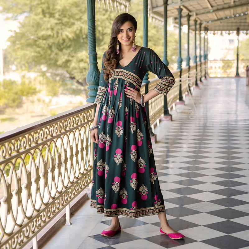 Emerald Green V Neck Dress with Buta & Polka Prints