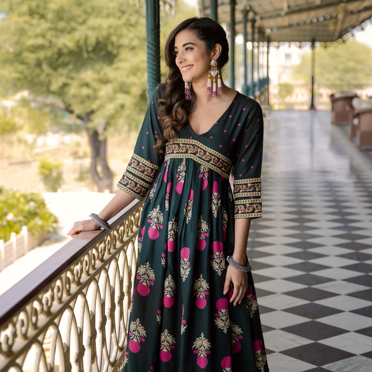 Emerald Green V Neck Alia Cut Dress with Buta & Polka Prints