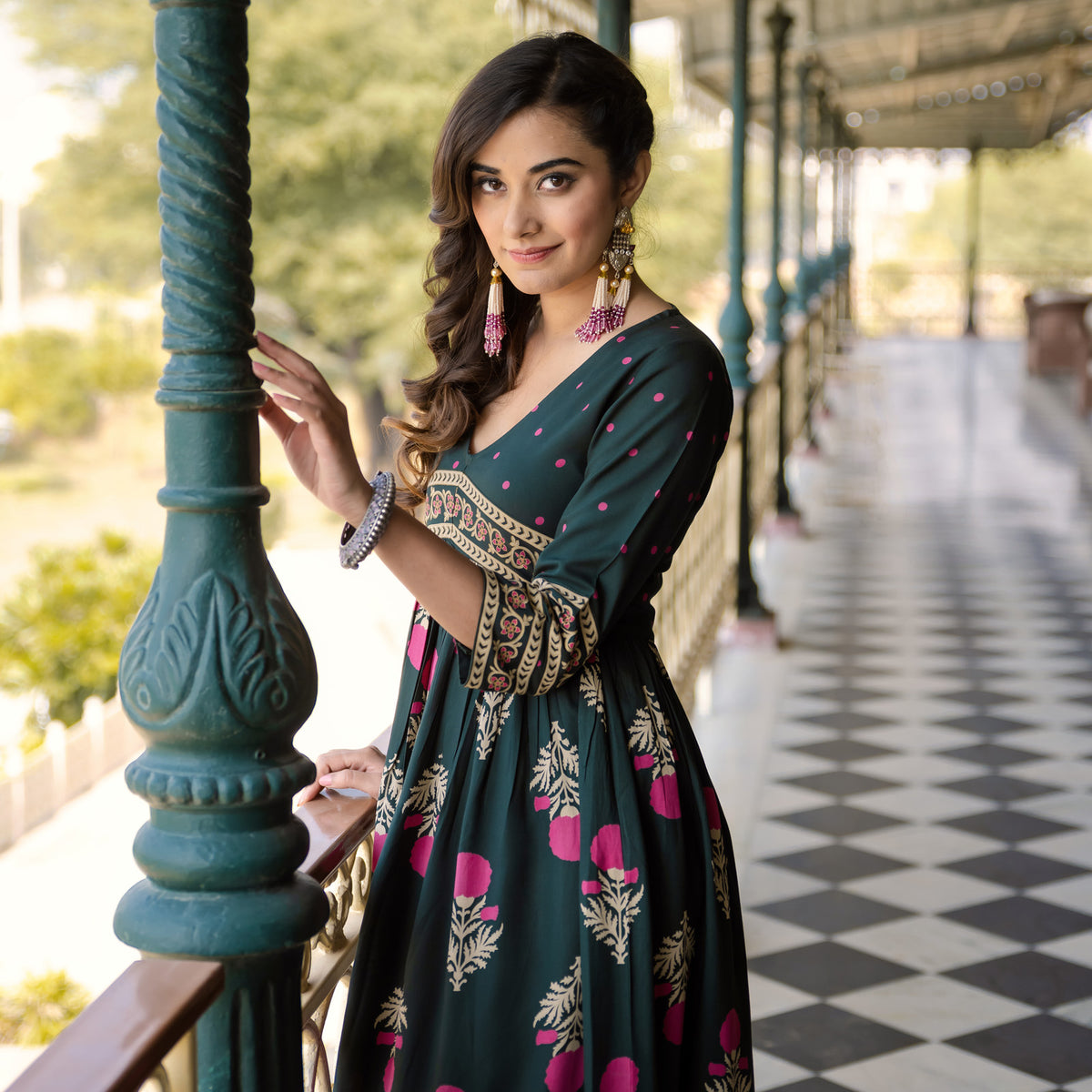 Emerald Green V Neck Alia Cut Dress with Buta & Polka Prints