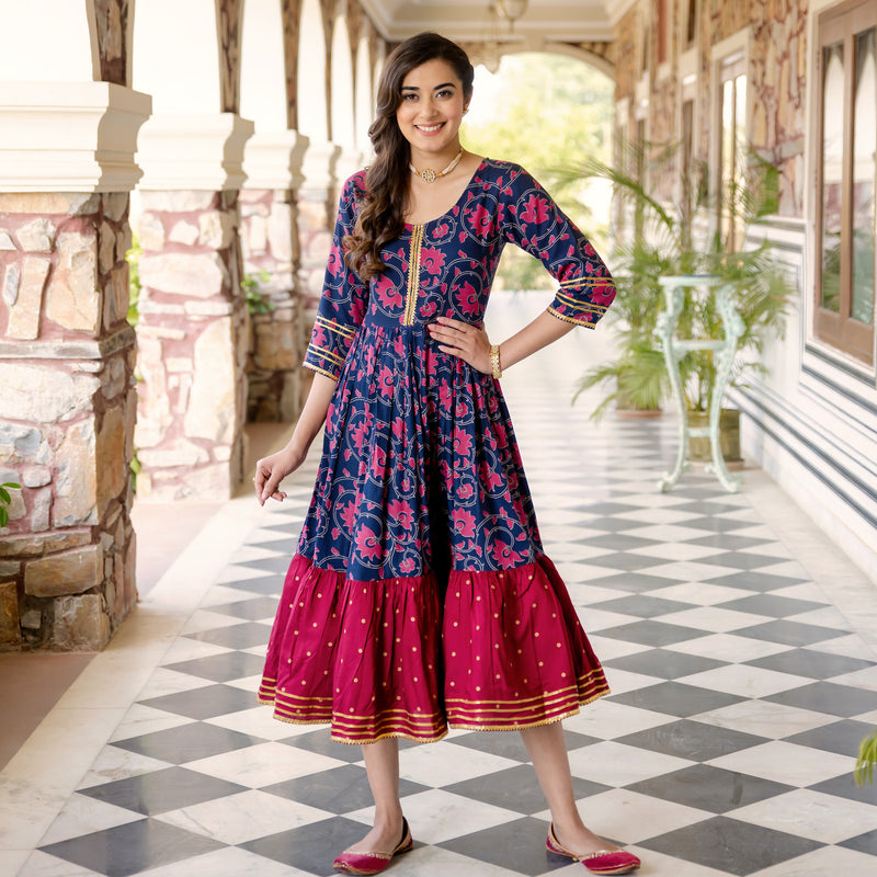 Blue & Maroon Lotus & Polka Frill Dress with Gota Details