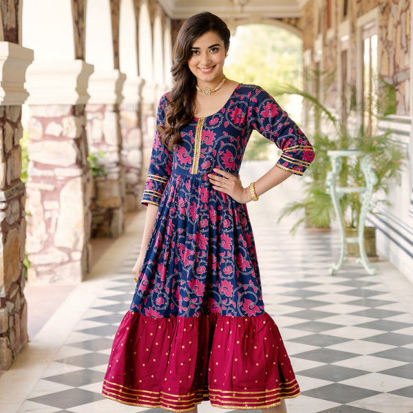 Blue & Maroon Lotus & Polka Frill Dress with Gota Details