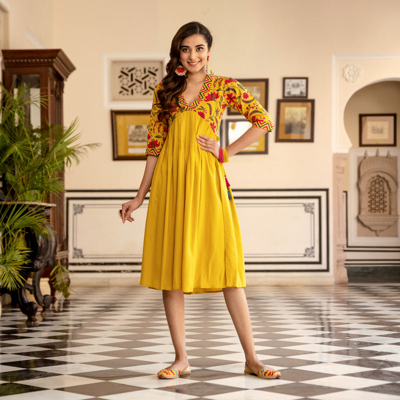 Mustard V Neck Gathered Dress With Tassels - SOM