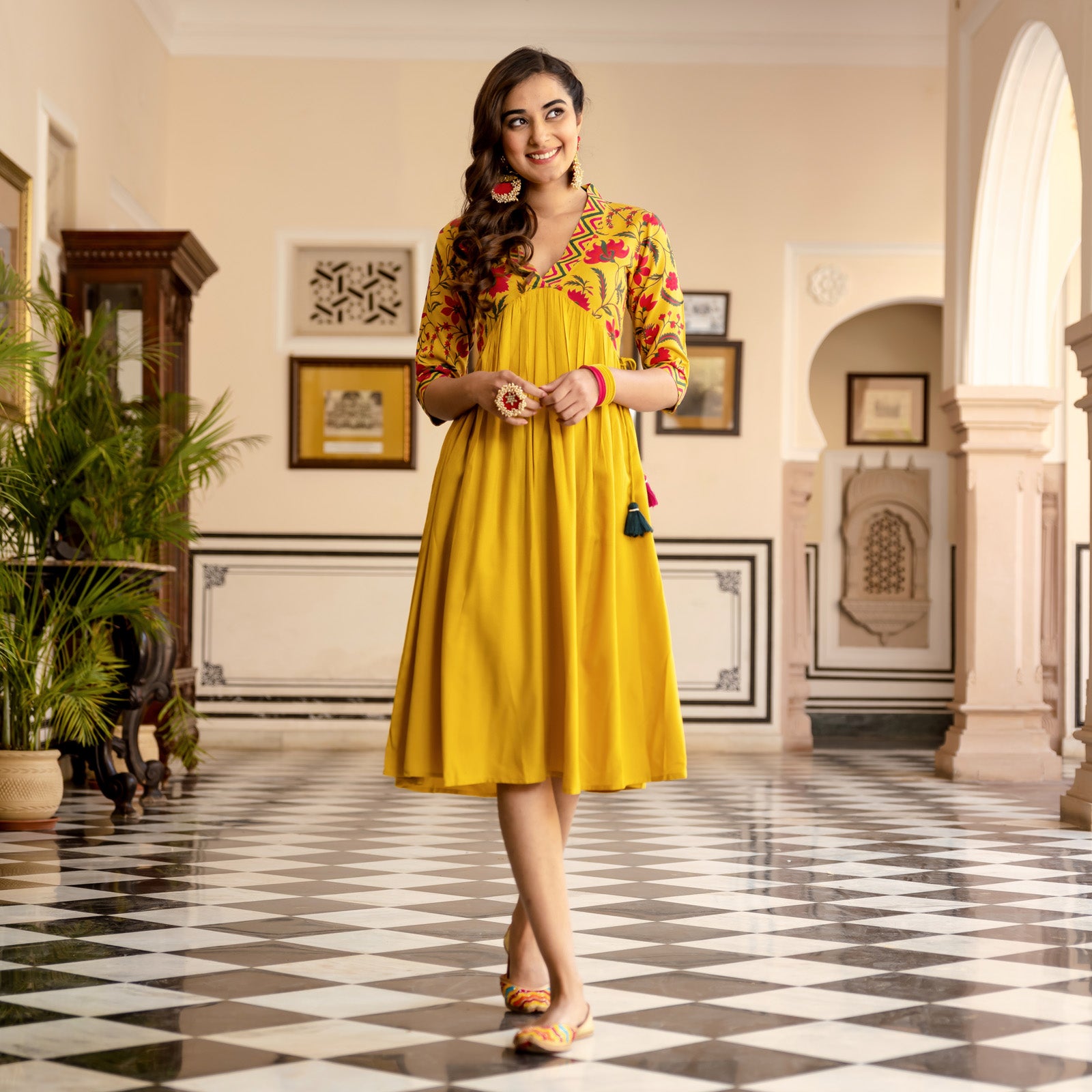 Buy Mustard V Neck Alia Cut Gathered Dress with Tassels