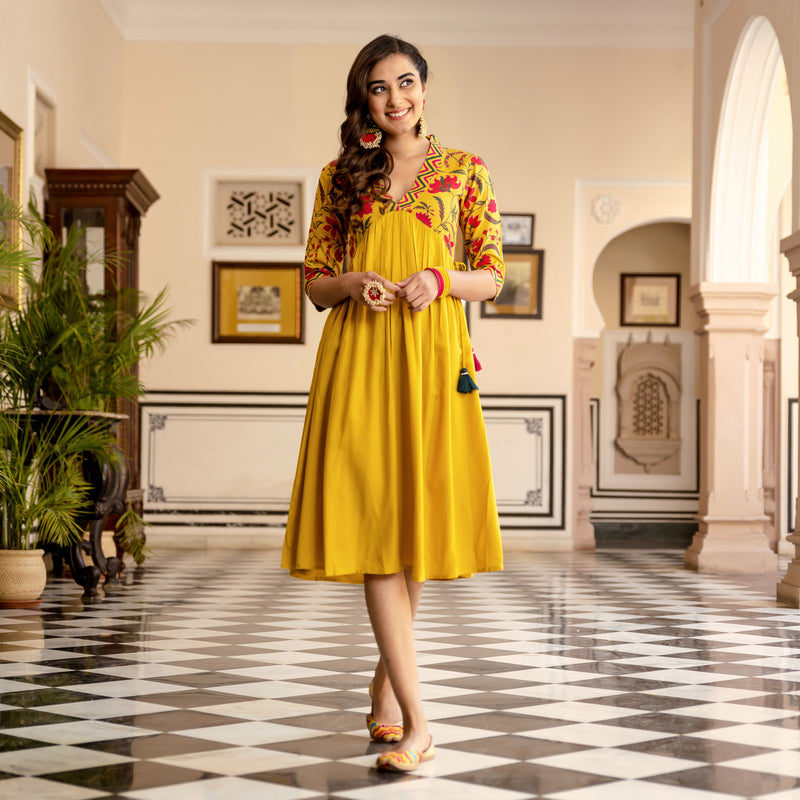 Mustard V Neck Gathered Dress With Tassels - SOM