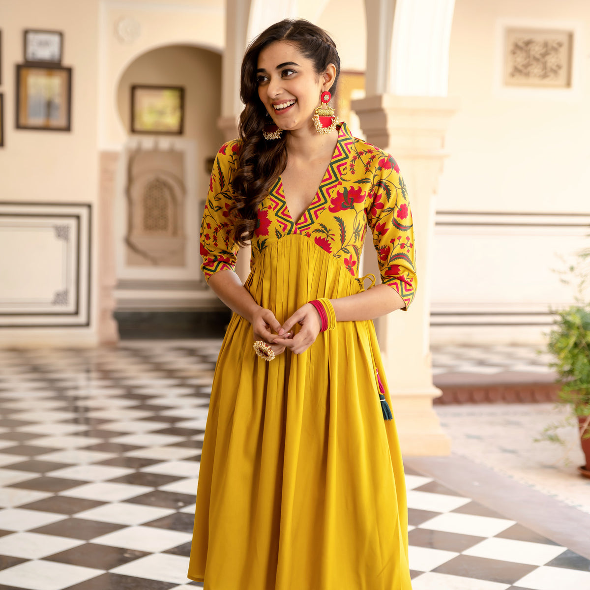 Mustard V Neck Gathered Dress With Tassels - SOM