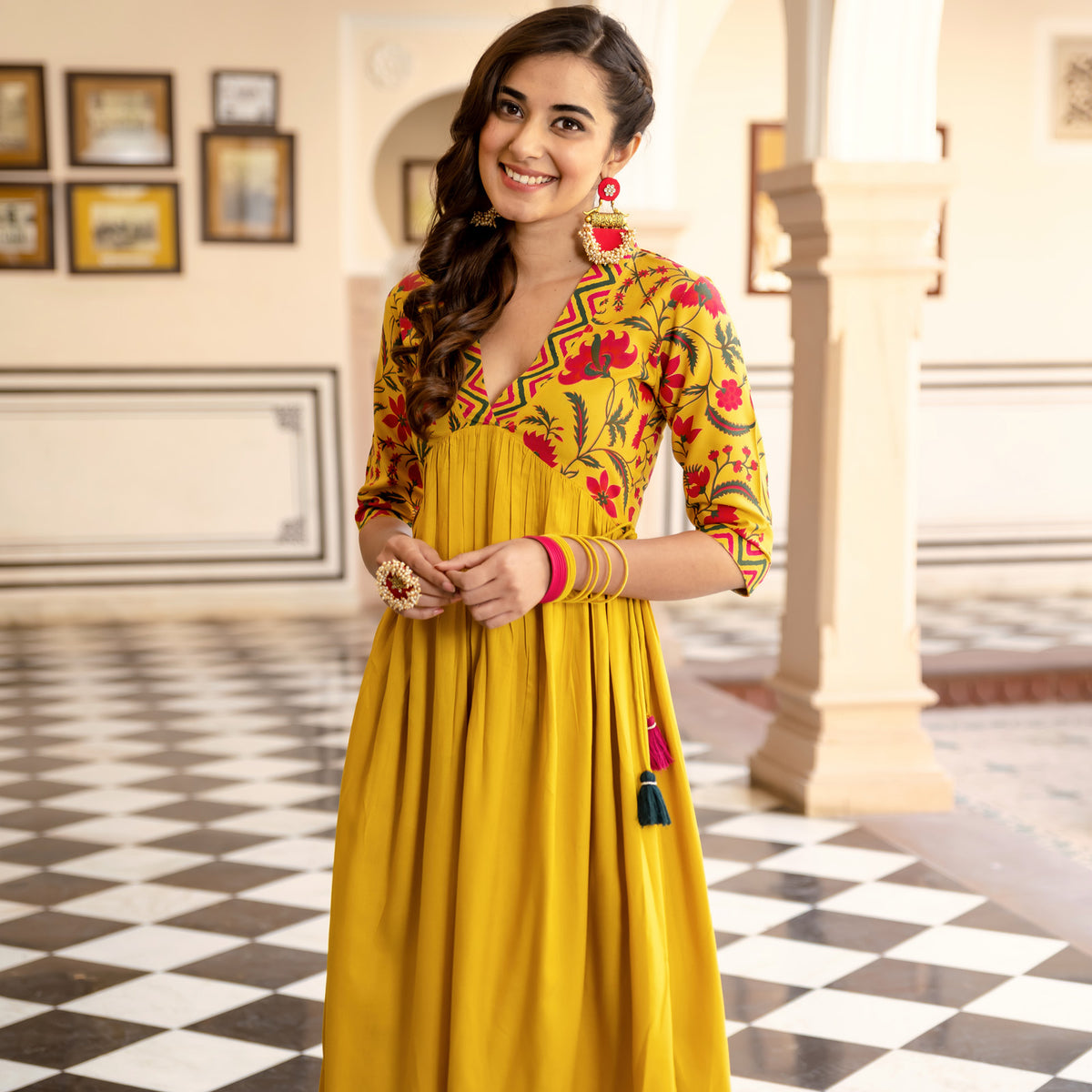 Mustard V Neck Gathered Dress With Tassels - SOM