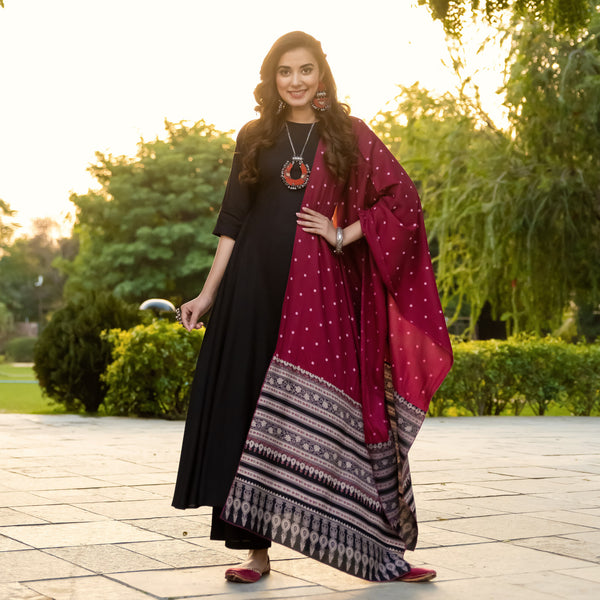 Black Flared Kurta Palazzo Set with Maroon Polka & Black Buta Dupatta