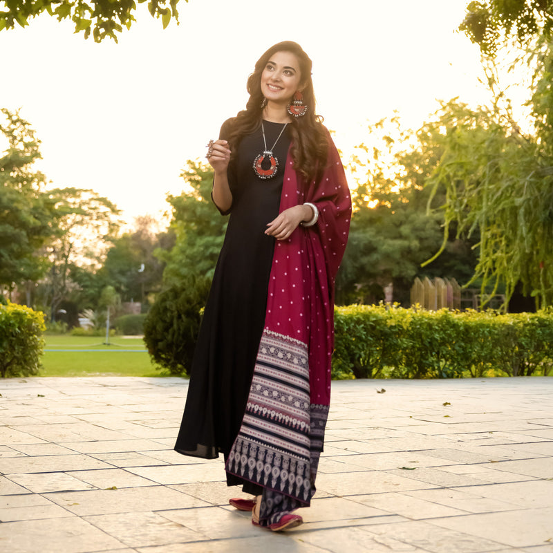 Black Flared Kurta Palazzo Set with Maroon Polka & Black Buta Dupatta