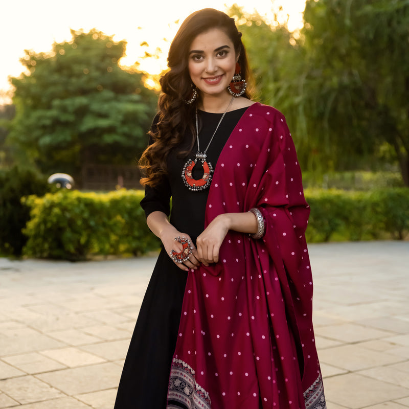 Black Flared Kurta Palazzo Set with Maroon Polka & Black Buta Dupatta