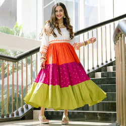 Off White Multicoloured Tiered Dress with Polka Prints & Gota Details