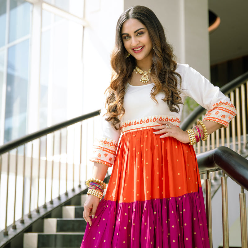 Off White Multicoloured Tiered Dress with Polka Prints & Gota Details