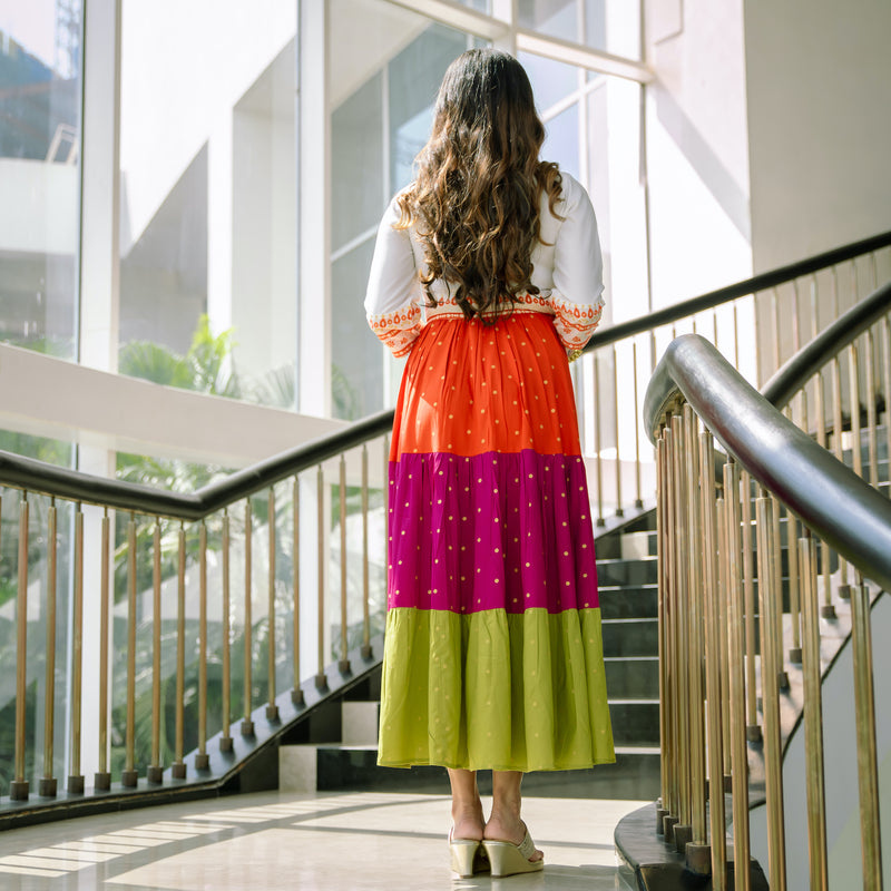 Off White Multicoloured Tiered Dress with Polka Prints & Gota Details