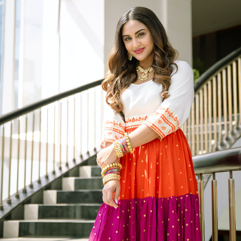 Off White Multicoloured Tiered Dress with Polka Prints & Gota Details