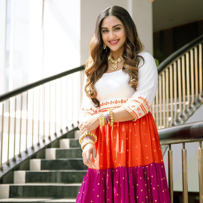 Off White Multicoloured Tiered Dress with Polka Prints & Gota Details