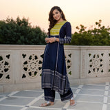 Blue & Olive Silver Printed Flared Kurta Dupatta Set with Gota Details
