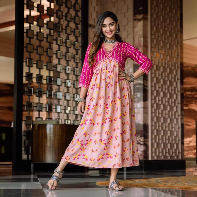 Buy Baby Pink & Hot Pink V Neck Lotus Alia Cut Dress | Rustorange Buy Baby Pink & Hot Pink V Neck Lotus Alia Cut Dress | Rustorange