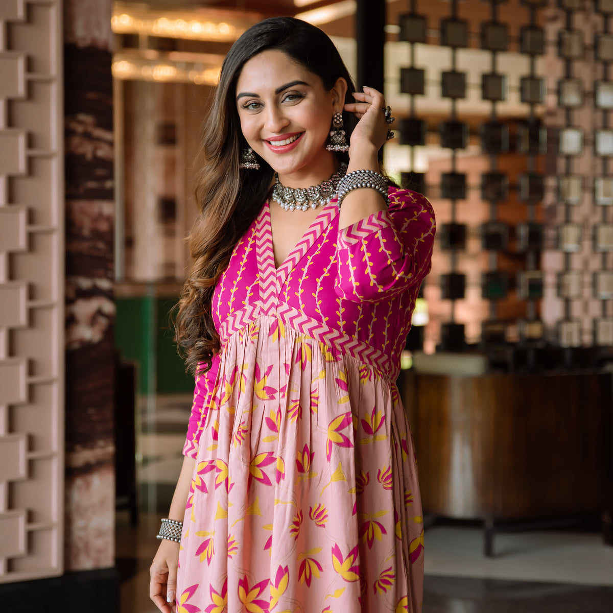 Baby Pink & Hot Pink V Neck Lotus Alia Cut Dress