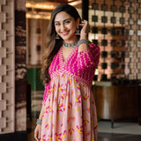 Baby Pink & Hot Pink V Neck Lotus Alia Cut Dress