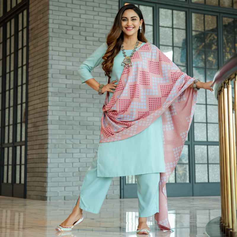 Sky Blue Kurta Pant Set with Baby Pink Bandhani Dupatta