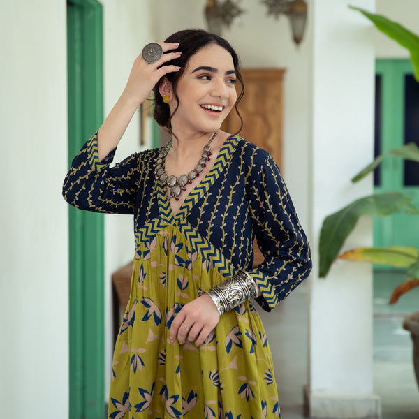 Olive & Blue V Neck Alia Cut Lotus Dress