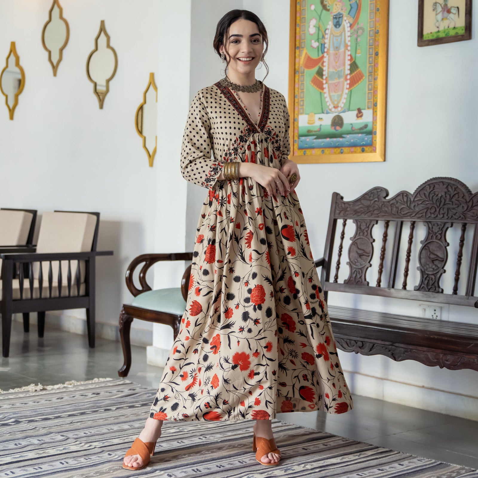 Buy Beige Blossom V Neck Cotton Alia Cut Dress