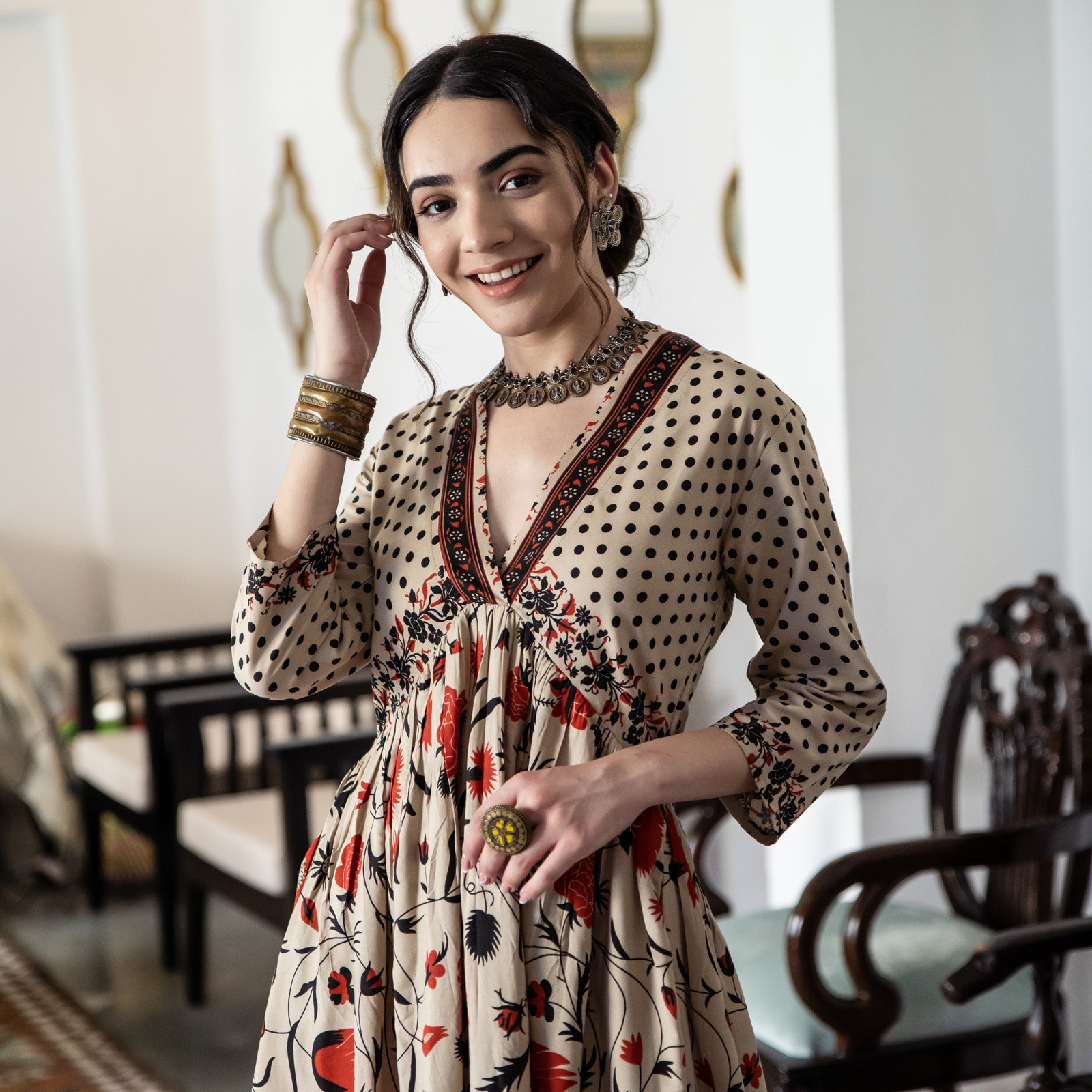 Buy Beige Blossom V Neck Cotton Alia Cut Dress | Rustorange