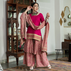 Magenta & Beige Kurta Ruffle Pant Set with Dupatta