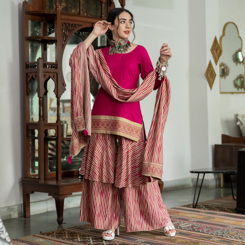 Magenta & Beige Kurta Ruffle Pant Set with Dupatta