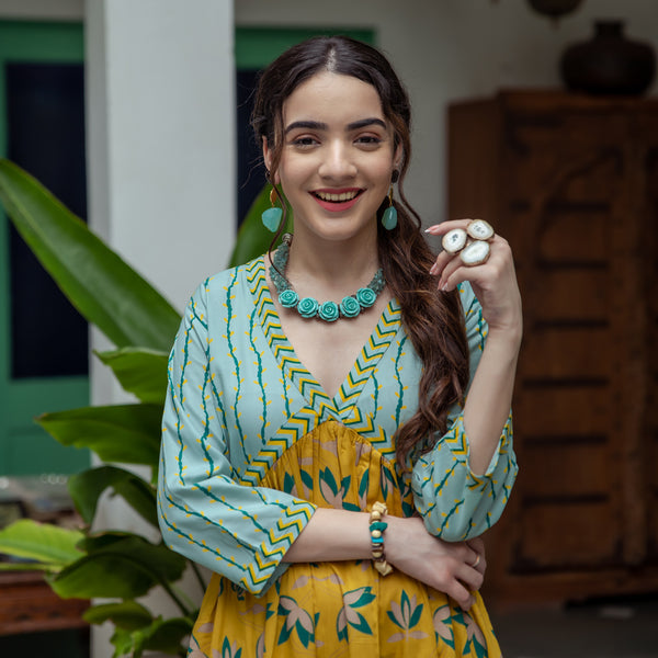 Yellow & Sky Blue V Neck Lotus Alia Cut Dress