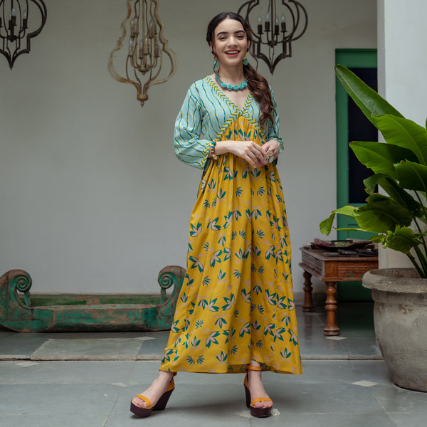 Yellow & Sky Blue V Neck Lotus Alia Cut Dress