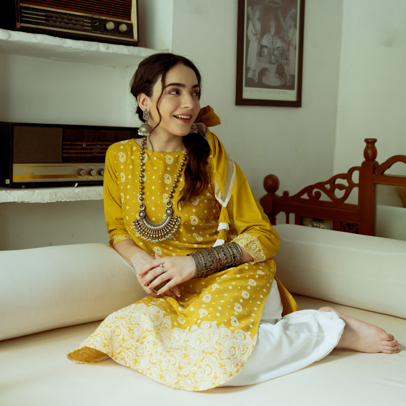 Yellow Paisley Round Hem Kurta with Salwaar Pants & Scarf