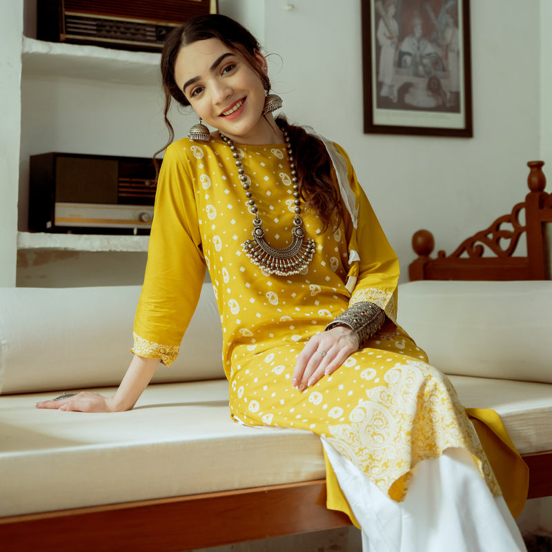 Yellow Paisley Round Hem Kurta with Salwaar Pants & Scarf