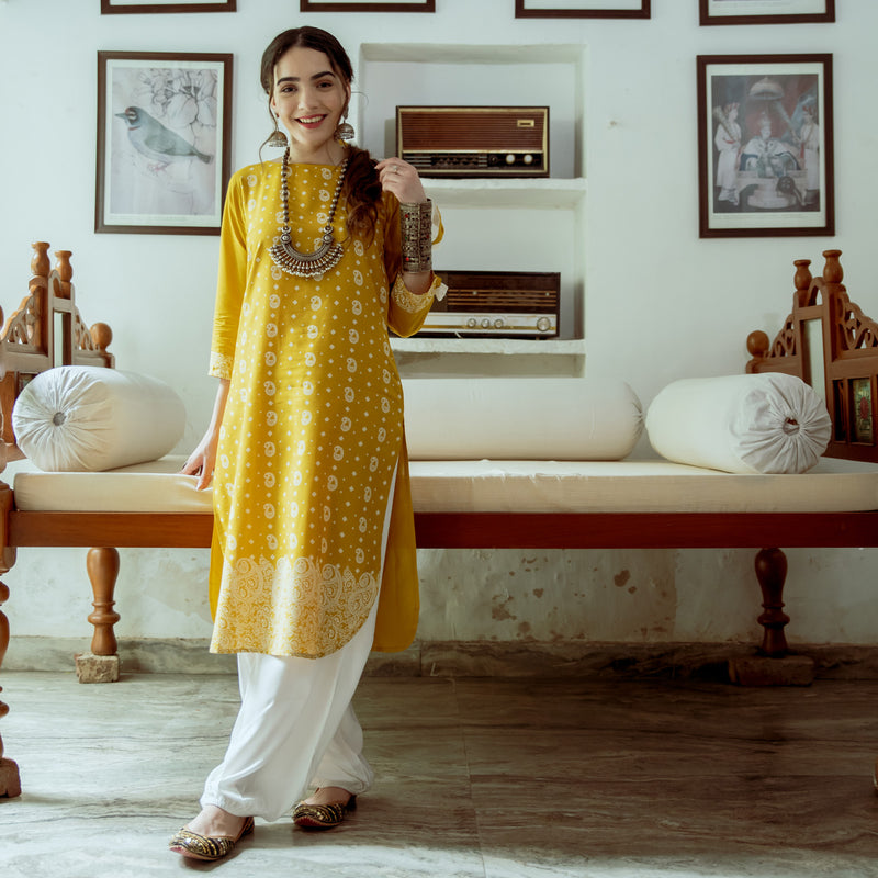 Yellow Paisley Round Hem Kurta with Salwaar Pants & Scarf