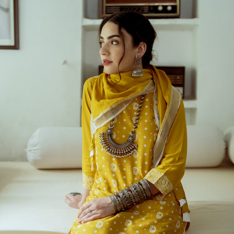 Yellow Paisley Round Hem Kurta with Salwaar Pants & Scarf