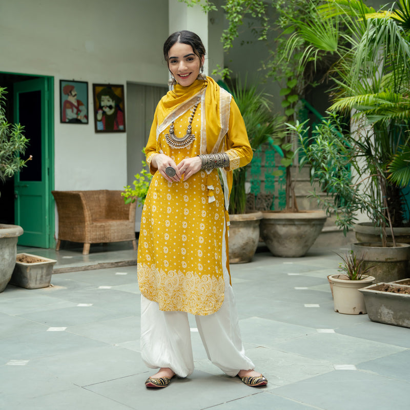 Yellow Paisley Round Hem Kurta with Salwaar Pants & Scarf