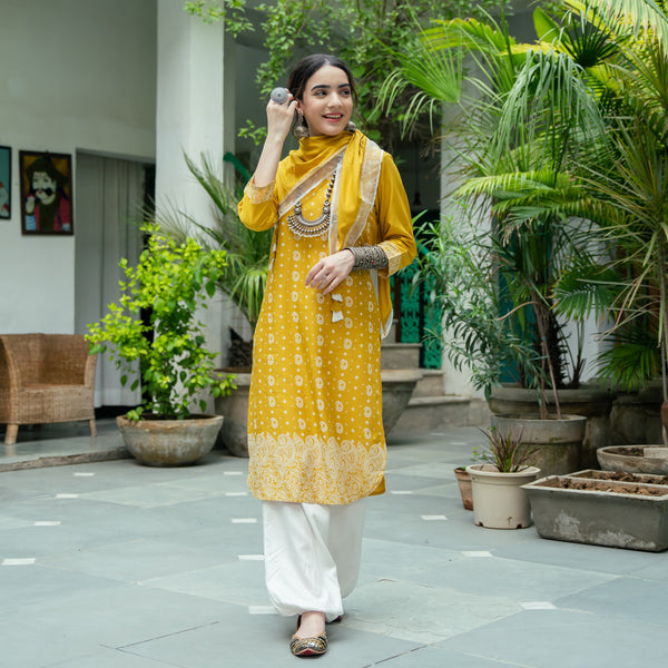 Yellow Paisley Round Hem Kurta with Salwaar Pants & Scarf