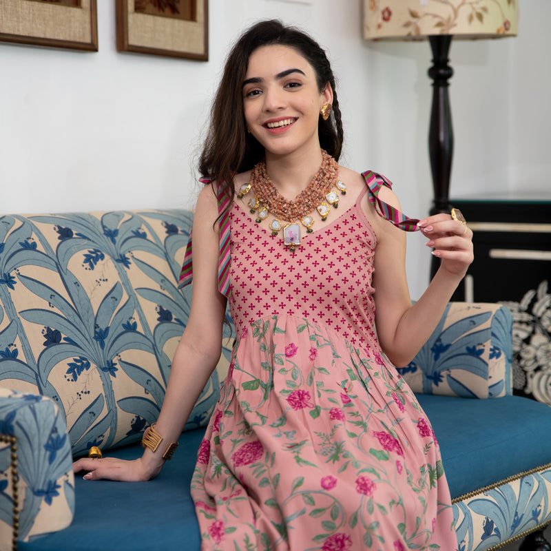 Baby Pink Floral Frill Dress with Shoulder Strap & Knot Details